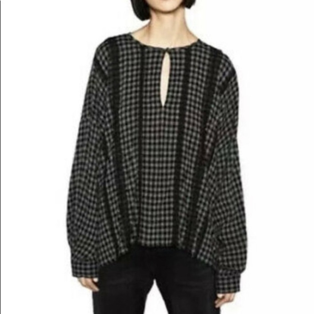 Zara Gingham Plaid Floral Embroidery Detail Black/Grey Top Blouse M